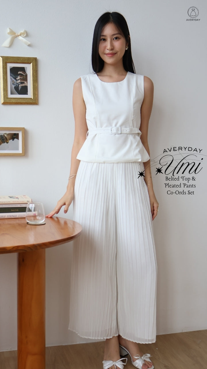 Umi Belted Top & Pleated Pants Co-Ords Set In White