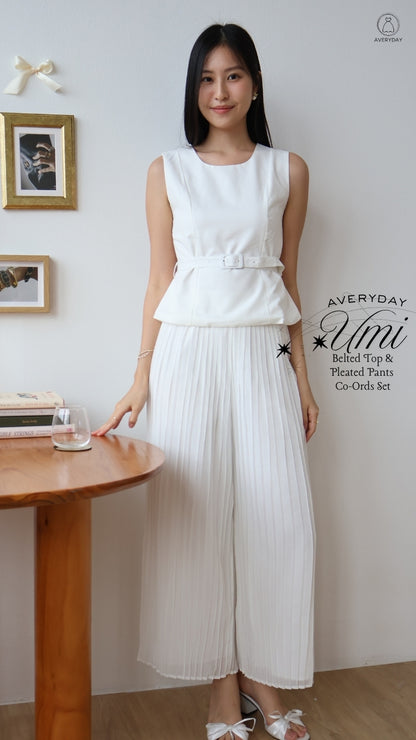 Umi Belted Top & Pleated Pants Co-Ords Set In White