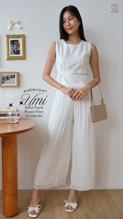 Umi Belted Top & Pleated Pants Co-Ords Set In White