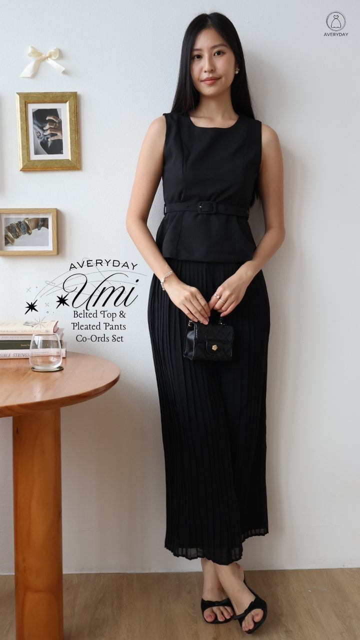 Umi Belted Top & Pleated Pants Co-Ords Set In Black