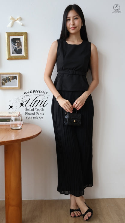 Umi Belted Top & Pleated Pants Co-Ords Set In Black