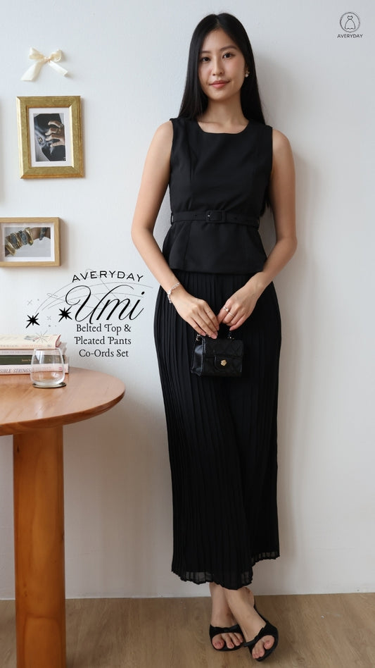 Umi Belted Top & Pleated Pants Co-Ords Set In Black
