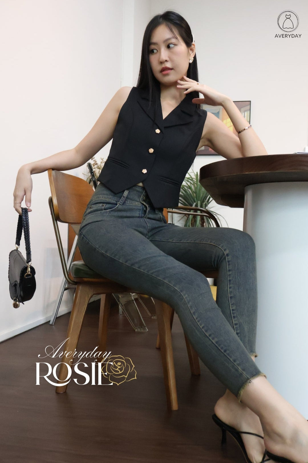 Rosie Gold Button Vest Top In Black