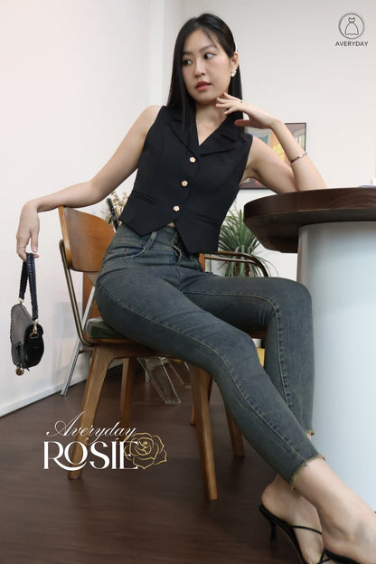 Rosie Gold Button Vest Top In Black