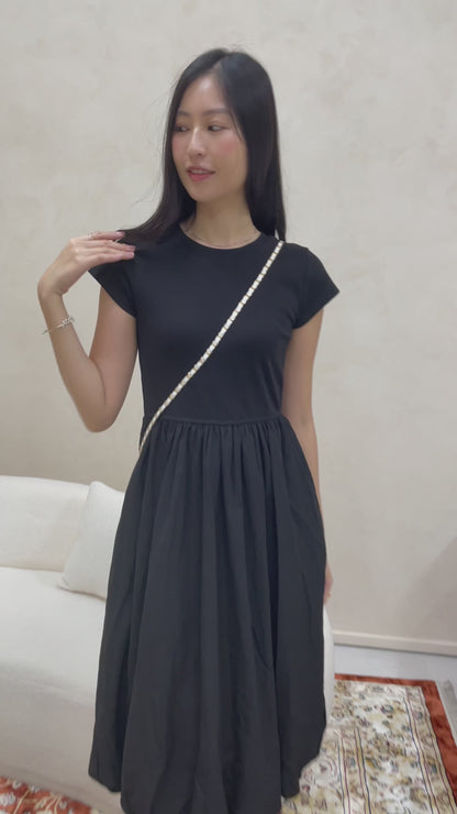 Xena Bubble Hem Pocket Midi Dress In Khaki (With Mini Sling Bag - Black)