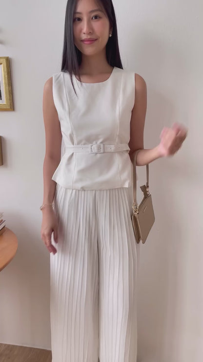 Umi Belted Top & Pleated Pants Co-Ords Set In White