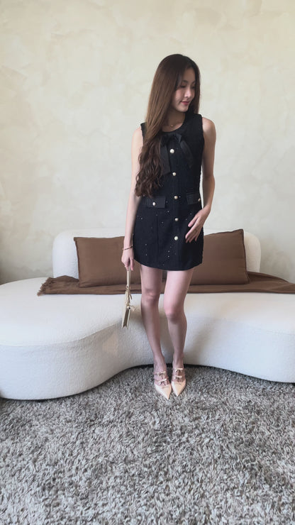 Yuna Tweed Button Ribbon Dress In Black