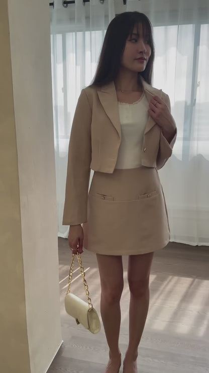 Melissa Bejeweled Button Blazer Co-Ords Set In Beige