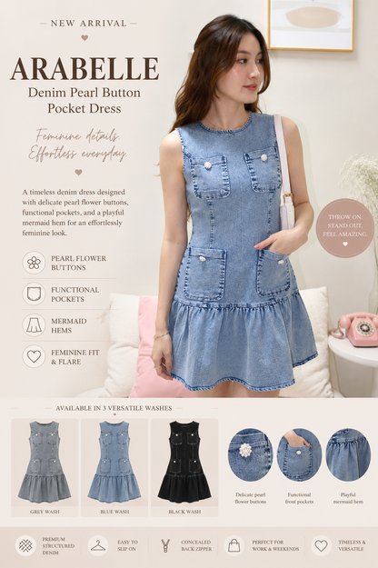 Arabelle denim pearl button pocket dress In Grey Wash