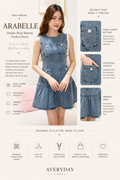 RESTOCKED: Arabelle denim pearl button pocket dress In Grey Wash