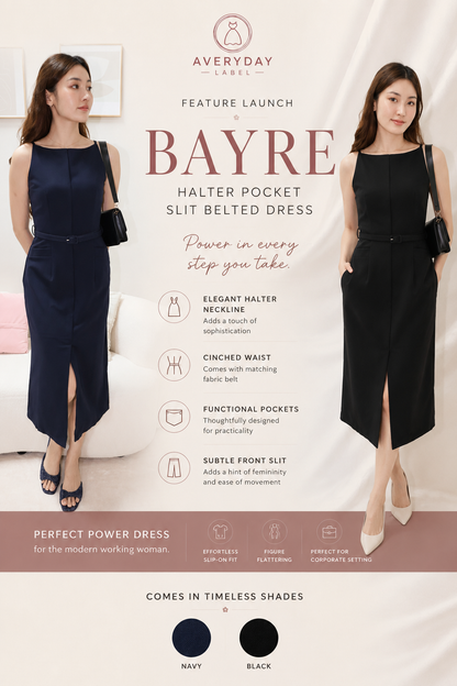 Bayre Halter Pocket Slit Belted Dress In Navy