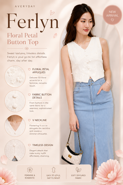 Ferlyn Floral Petal Button Top In Off White