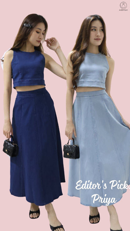 *Editor's Pick* Priya Denim Sleeveless Top & Maxi Skirt Co-Ord Set In Light Wash