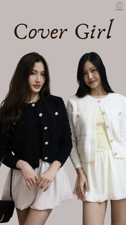 *Premium* Chenise Floral Button Glitter Knit Cardigan In Black