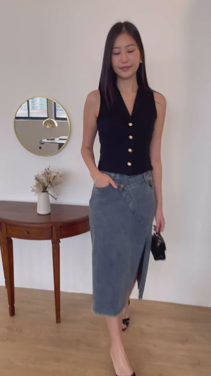 Celine Side Slit Denim Skirt In Dark Wash