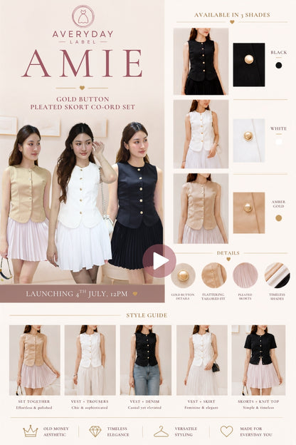 Amie Gold Button Pleated Skort Co-Ord Set In Black