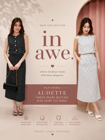 *Premium* Audette Tweed Pearl Button Midi Skirt Co-Ords In Black